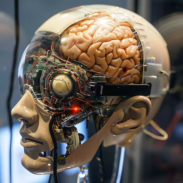 Artificial intelligence robot brain - Artificial intelligence robotic head with exposed brain and wiring ...