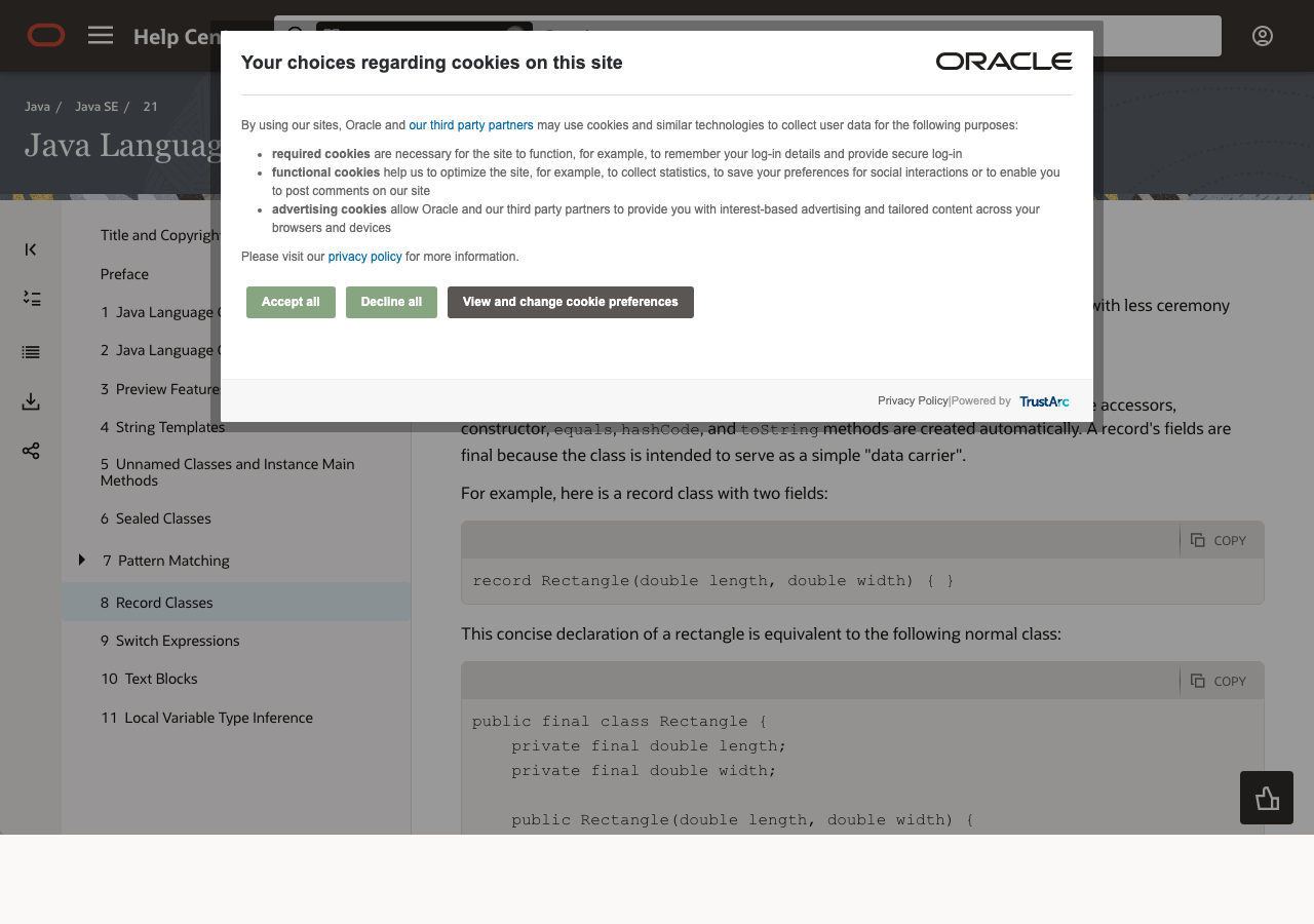 Oracle Java 21 records documentation