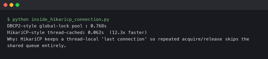 Terminal output for Inside HikariCP: why its connection acquisition beats DBCP2 and Tomcat JDBC