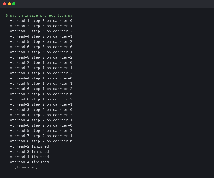 Terminal output for Inside Project Loom: how virtual threads schedule onto carrier threads